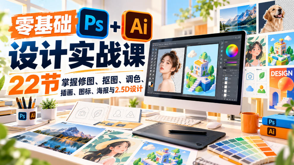 【无水印】零基础PS+AI设计实战课｜22节掌握修图、抠图、调色、插画、图标、海报与2.5D设计-知创网