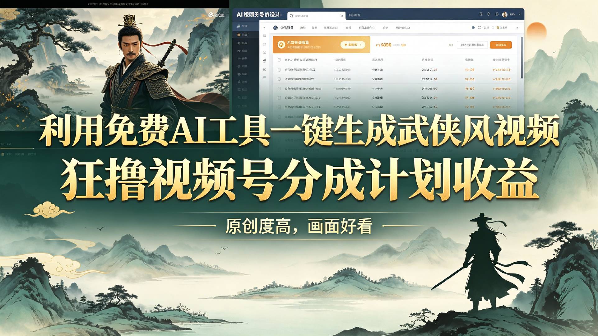 利用免费AI工具一键生成武侠风视频，狂撸视频号分成计划收益，原创度高，画面好看-知创网