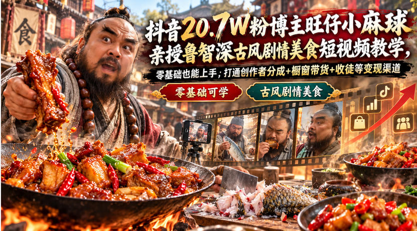 抖音20.7W粉博主旺仔小麻球亲授鲁智深古风剧情美食短视频教学，零基础也能上手，打通创作者分成+橱窗带货+收徒等变现渠道-知创网