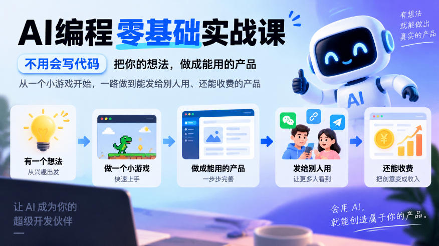 AI编程零基础实战课,不用会写代码,把你的想法,做成能用的产品,从一个小游戏开始,一路做到能发给别人用、还能收费的产品-知创网