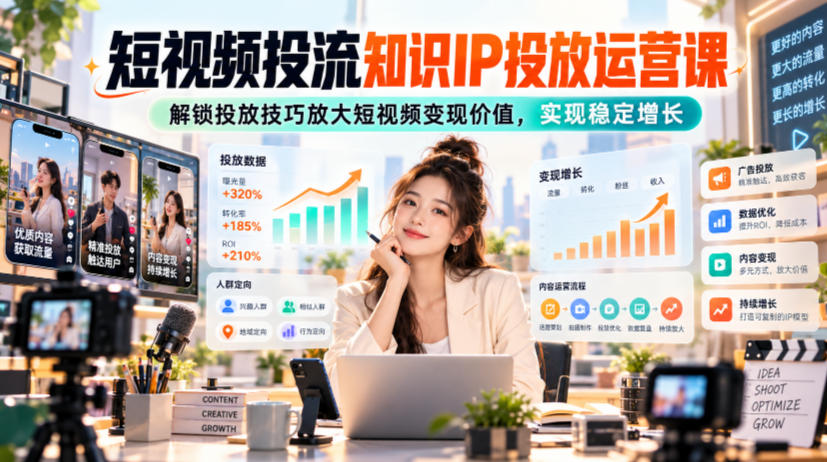 短视频投流知识IP投放运营课，解锁投放技巧放大短视频变现价值，实现稳定增长-知创网
