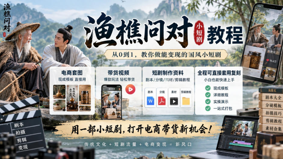 渔樵问对小短剧教程，包含电商套图、带货视频，短剧制作资料，全程可直接套用复刻-知创网