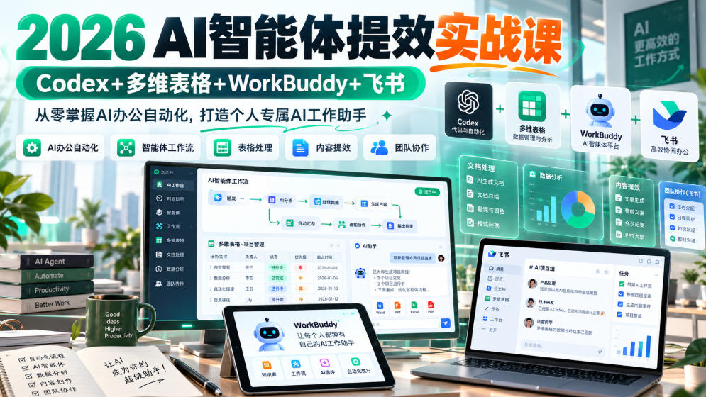 2026 AI智能体提效实战课:Codex+多维表格+WorkBuddy+飞书,从零掌握AI办公自动化,打造个人专属AI工作助手-知创网