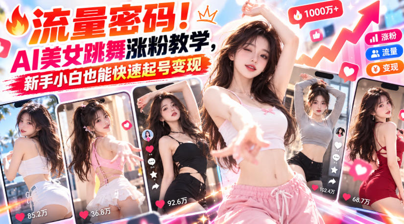流量密码!AI美女跳舞涨粉教学,新手小白也能快速起号变现-知创网