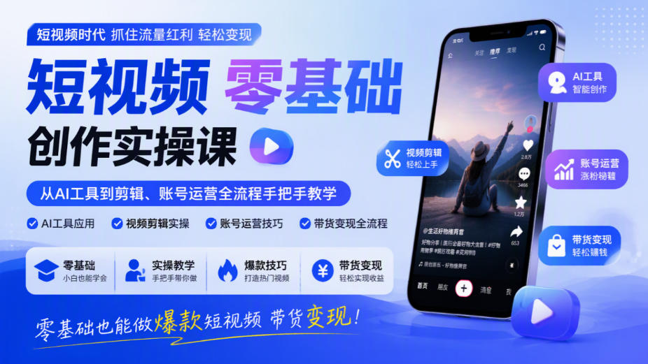 短视频零基础创作实操课，从AI工具到剪辑、账号运营全流程手把手教学，零基础也能做爆款短视频带货变现-知创网