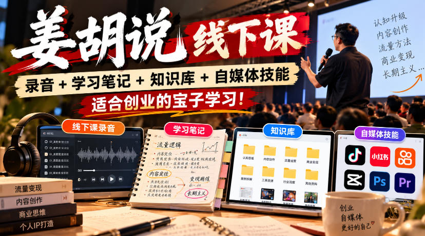 姜胡说线下课录音＋学习笔记＋知识库＋自媒体技能，​适合创业的宝子学习！-知创网