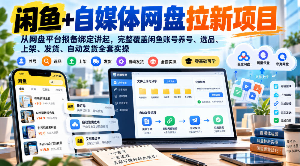 闲鱼+自媒体网盘拉新项目，从网盘平台报备绑定讲起，完整覆盖闲鱼账号养号、选品、上架、发货、自动发货全套实操-知创网
