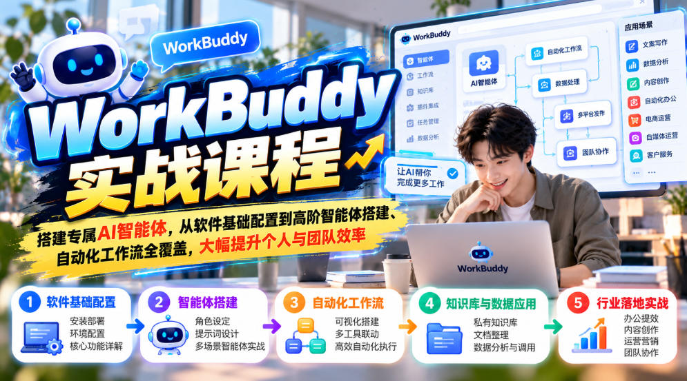 WorkBuddy实战课程，搭建专属AI智能体，从软件基础配置到高阶智能体搭建、自动化工作流全覆盖，大幅提升个人与团队效率-知创网