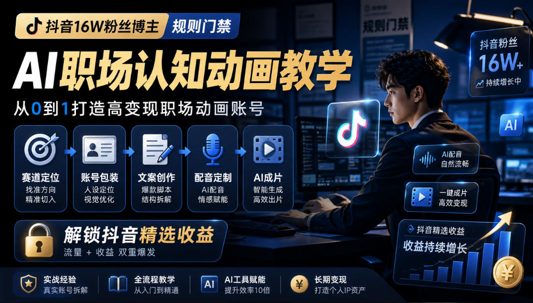 抖音16W粉丝博主规则门禁的AI职场认知动画教学,从赛道定位、账号包装,到文案创作、配音定制、AI成片,解锁抖音精选收益-知创网