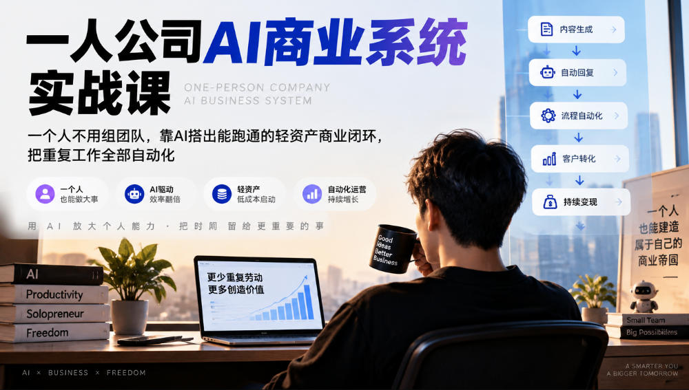 一人公司AI商业系统实战课，一个人不用组团队，靠AI搭出能跑通的轻资产商业闭环，把重复工作全部自动化-知创网