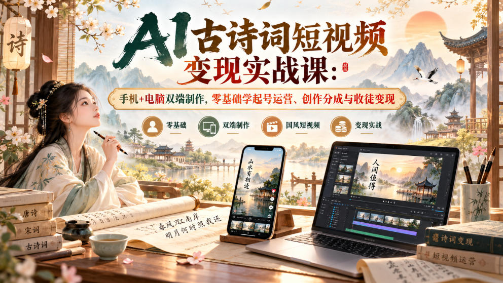 AI古诗词短视频变现实战课：手机+电脑双端制作，零基础学起号运营、创作分成与收徒变现-知创网