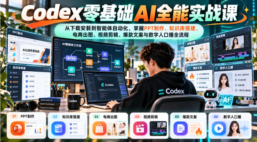 Codex零基础AI全能实战课：从下载安装到智能体自动化，掌握知识库搭建、电商出图、视频剪辑、爆款文案与数字人口播全流程-知创网