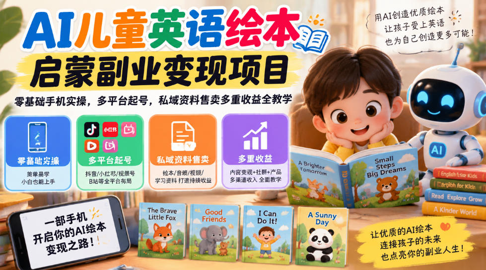AI儿童英语绘本启蒙副业变现项目，零基础手机实操，多平台起号，私域资料售卖多重收益全教学-知创网