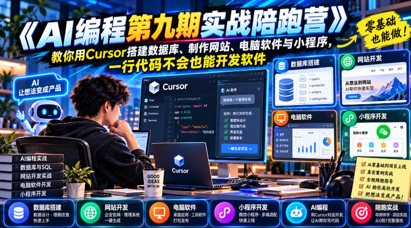 【无水印】《AI编程第九期实战陪跑营》教你用Cursor搭建数据库、制作网站、电脑软件与小程序,一行代码不会也能开发软件-知创网