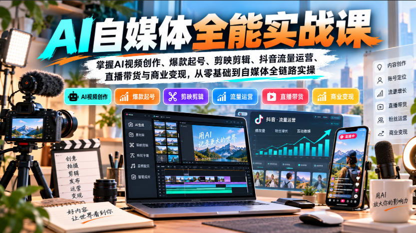 【无水印】AI自媒体全能实战课，掌握AI视频创作、爆款起号、剪映剪辑、抖音流量运营、直播带货与商业变现，从零基础到自媒体全链路实操-知创网