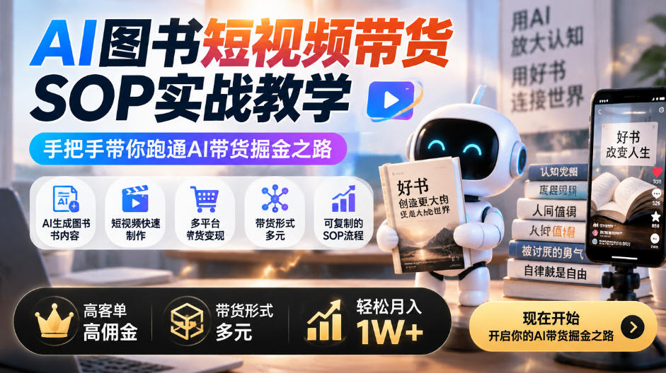 AI图书短视频带货SOP实战教学，手把手带你跑通AI带货掘金之路，高客单高佣金，带货形式多元，轻松月入1W+-知创网