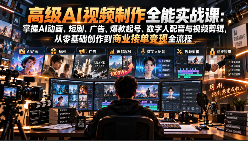高级AI视频制作全能实战课：掌握AI动画、短剧、广告、爆款起号、数字人配音与视频剪辑，从零基础创作到商业接单变现全流程-知创网
