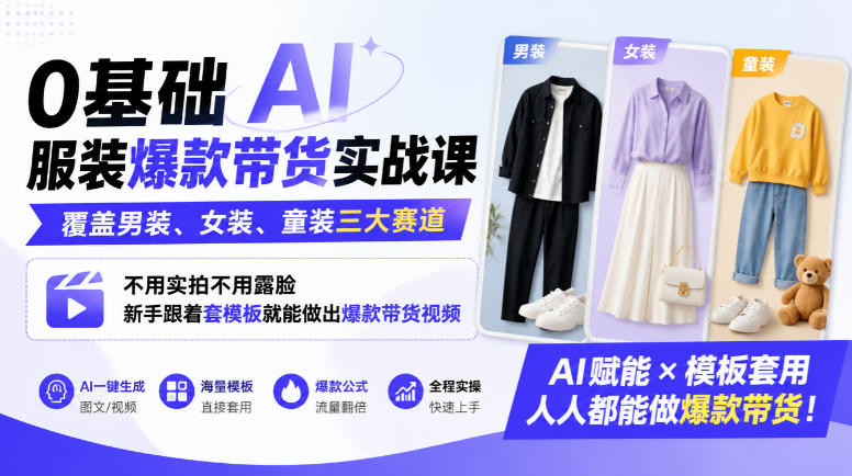 0基础AI服装爆款带货实战课｜覆盖男装、女装、童装三大赛道，不用实拍不用露脸，新手跟着套模板就能做出爆款带货视频-知创网