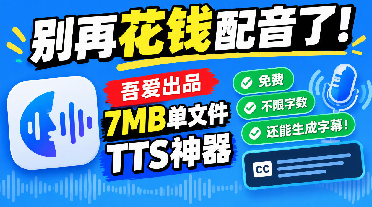 别再花钱配音了!吾爱出品7MB单文件TTS神器,免费不限字数还能生成字幕!-知创网