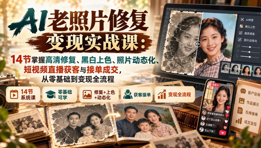 AI老照片修复变现实战课：14节掌握高清修复、黑白上色、照片动态化、短视频直播获客与接单成交，从零基础到变现全流程-知创网