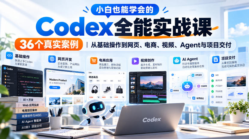 小白也能学会的Codex全能实战课｜36个真实案例，从基础操作到网页、电商、视频、Agent与项目交付-知创网