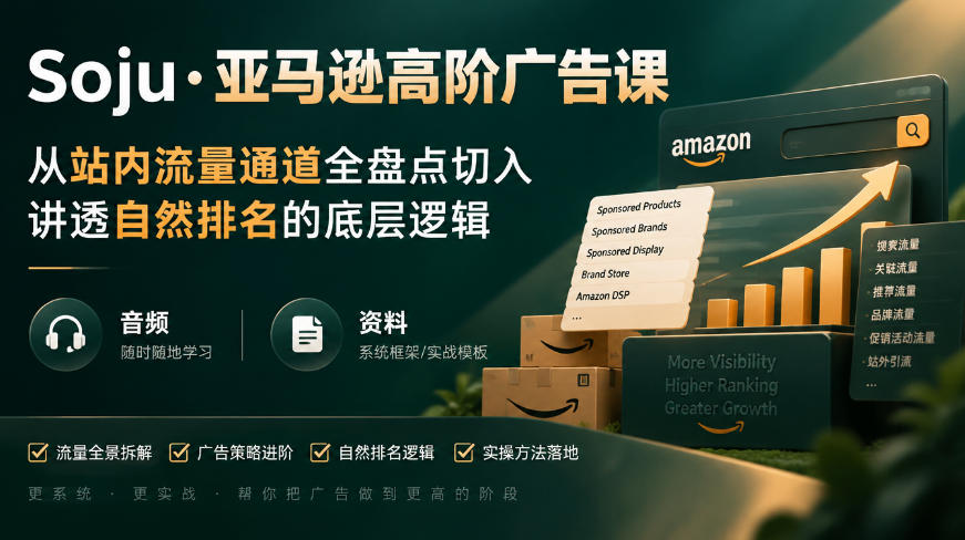 亚马逊高阶广告课，从站内流量通道全盘点切入，讲透自然排名的底层逻辑（直播+音频+资料）-知创网