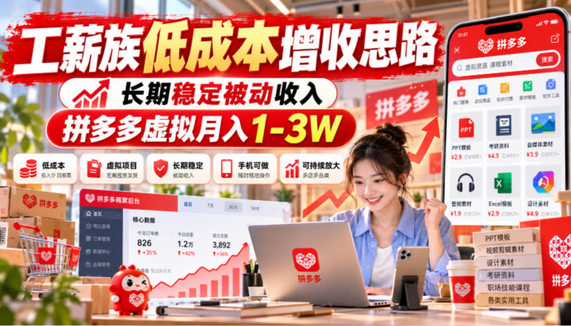 工薪族低成本增收思路，长期稳定被动收入，拼多多虚拟月入1-3W-知创网