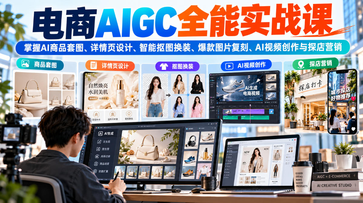 电商AIGC全能实战课：掌握AI商品套图、详情页设计、智能抠图换装、爆款图片复刻、AI视频创作与探店营销-知创网