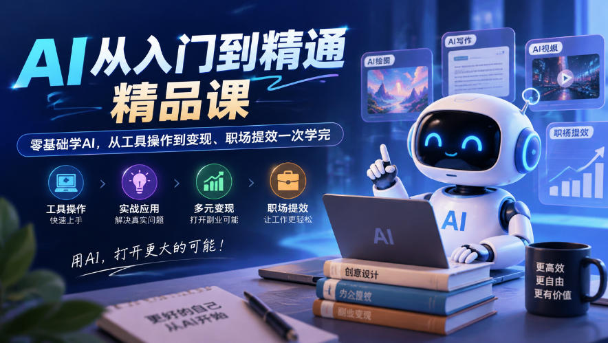 AI从入门到精通精品课，零基础学AI，从工具操作到变现、职场提效一次学完-知创网