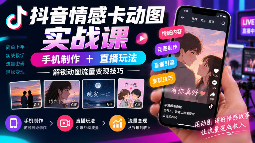 抖音情感卡动图实战课｜手机制作+直播玩法，解锁动图流量变现技巧-知创网