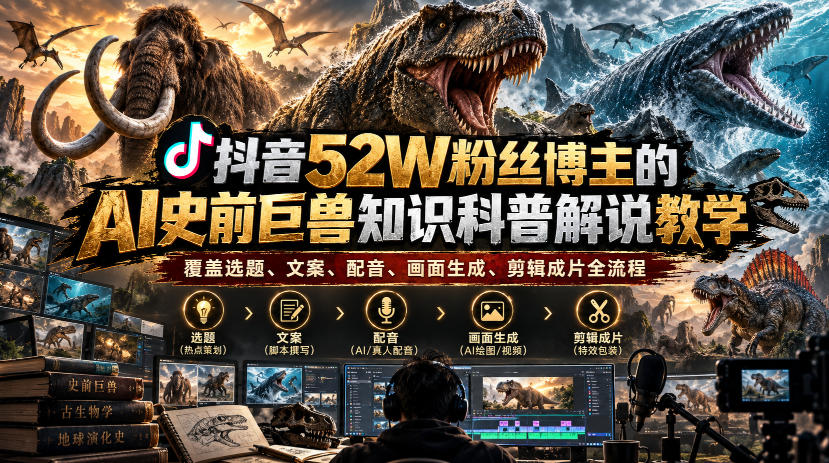 抖音52W粉丝博主的AI史前巨兽知识科普解说教学，覆盖选题、文案、配音、画面生成、剪辑成片全流程-知创网