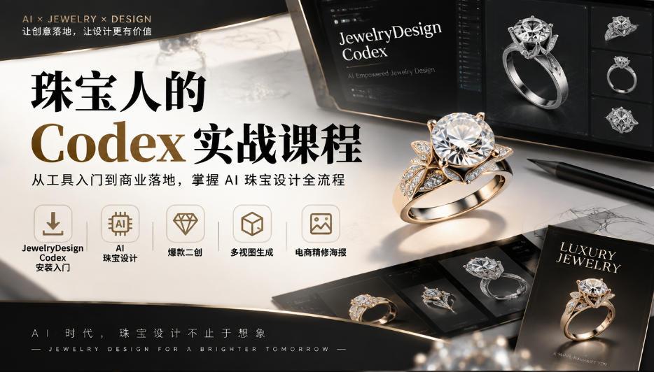 珠宝人的Codex实战课程｜JewelryDesign Codex安装入门、AI珠宝设计、爆款二创、多视图生成、电商精修海报全链路教学-知创网
