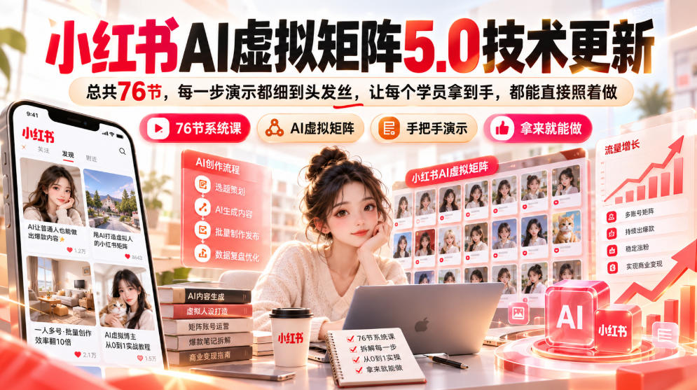 小红书AI虚拟矩阵5.0技术更新,总共76节,每一步演示都细到头发丝,让每个学员拿到手,都能直接照着做-知创网
