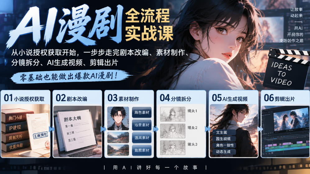 AI漫剧全流程实战课｜从小说授权获取开始，一步步走完剧本改编、素材制作、分镜拆分、AI生成视频、剪辑出片全流程-知创网