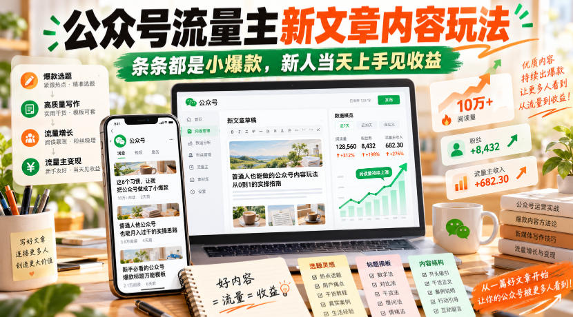 公众号流量主新文章内容玩法，条条都是小爆款，新人当天上手见收益-知创网