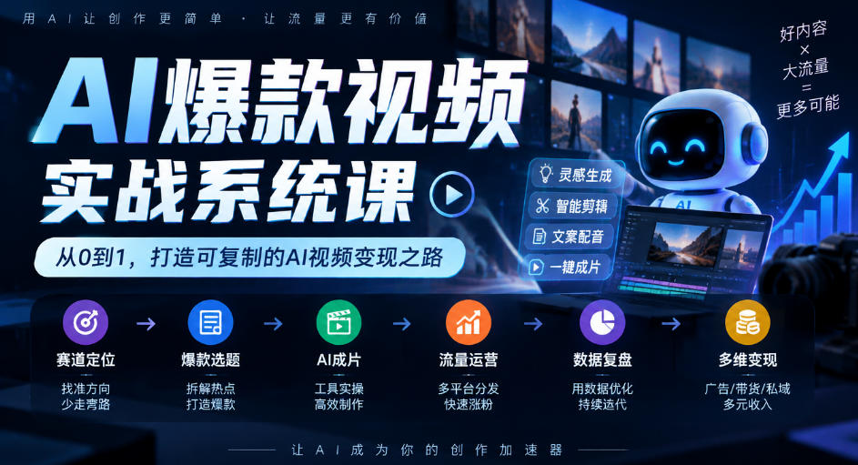 AI爆款视频实战系统课｜赛道定位、爆款选题、AI成片、流量运营、数据复盘、多维变现全链路教学-知创网