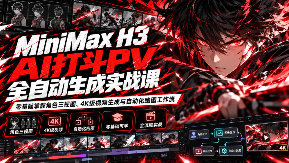 MiniMax H3 AI打斗PV全自动生成实战课：零基础掌握角色三视图、4K级视频生成与自动化跑图工作流-知创网