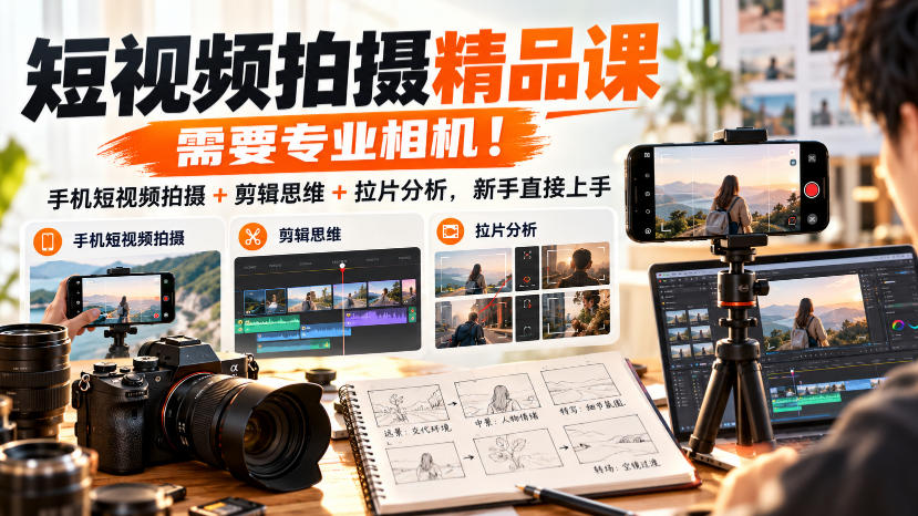 短视频拍摄精品课，需要专业相机！手机短视频拍摄+剪辑思维+拉片分析，新手直接上手-知创网