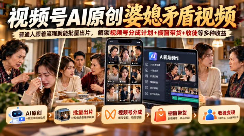 视频号ai原创婆媳矛盾视频，普通人跟着流程就能批量出片，解锁视频号分成计划+橱窗带货+收徒等多种收益-知创网