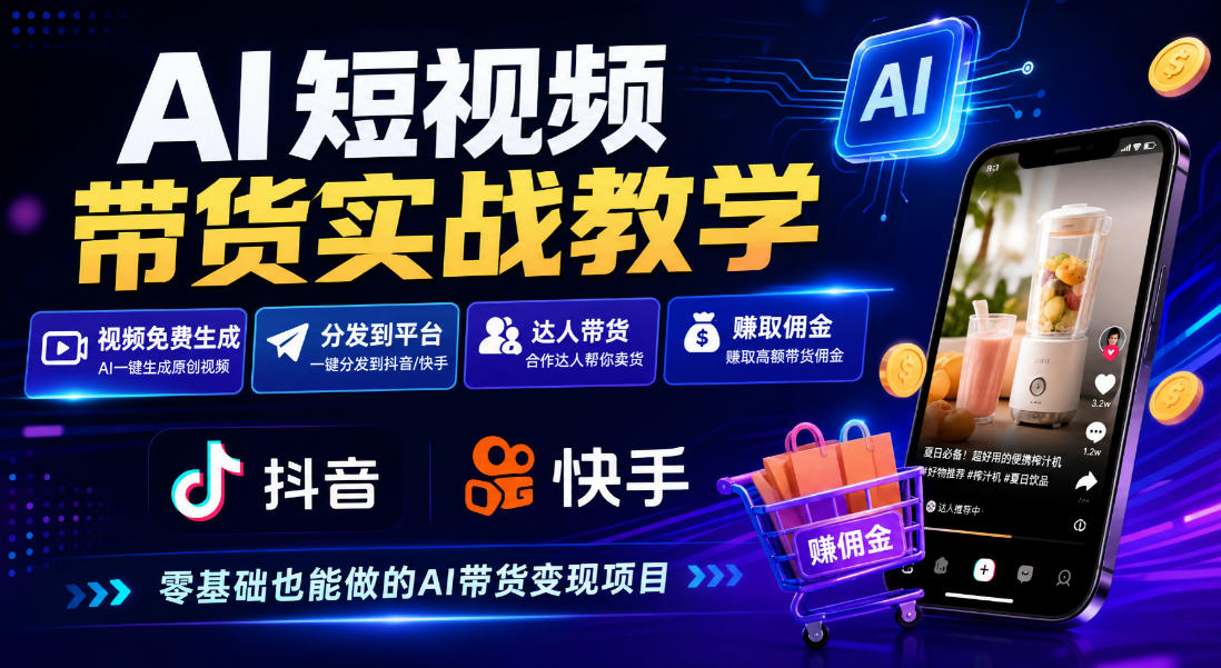AI短视频带货实战教学，视频免费生成，分发到抖音快手平台，达人带货賺佣金-知创网