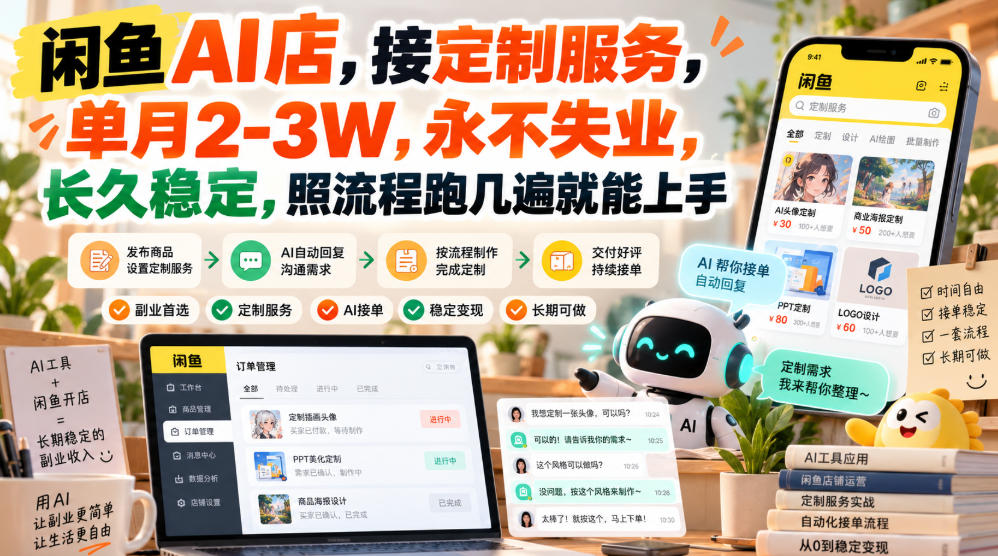 闲鱼AI店,接定制服务,单月2-3W,永不失业,长久稳定,照流程跑几遍就能上手-知创网