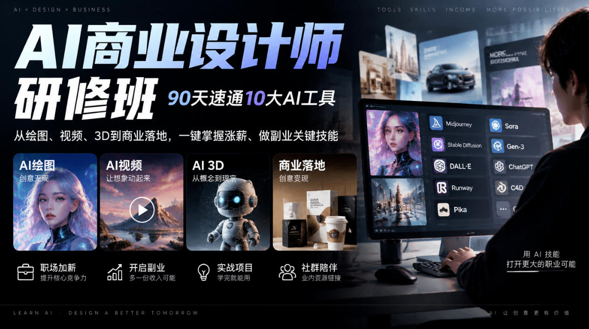 AI商业设计师研修班，90天速通10大AI工具，从绘图、视频、3D到商业落地，一键掌握涨薪、做副业关键技能-知创网