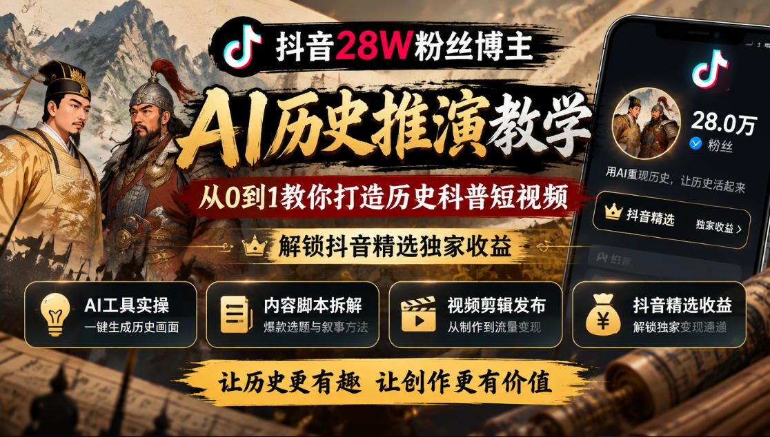 抖音28W粉丝博主的AI历史推演教学，从0到1教你打造历史科普短视频，解锁抖音精选独家收益-知创网