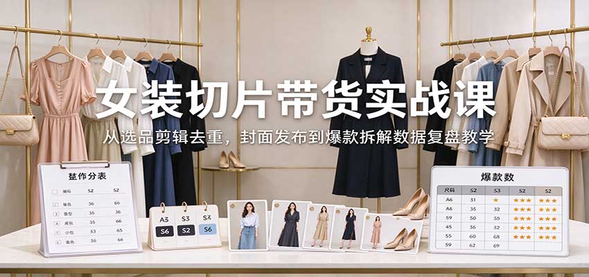 女装切片带货实战课：从选品剪辑去重，封面发布到爆款拆解数据复盘教学-知创网