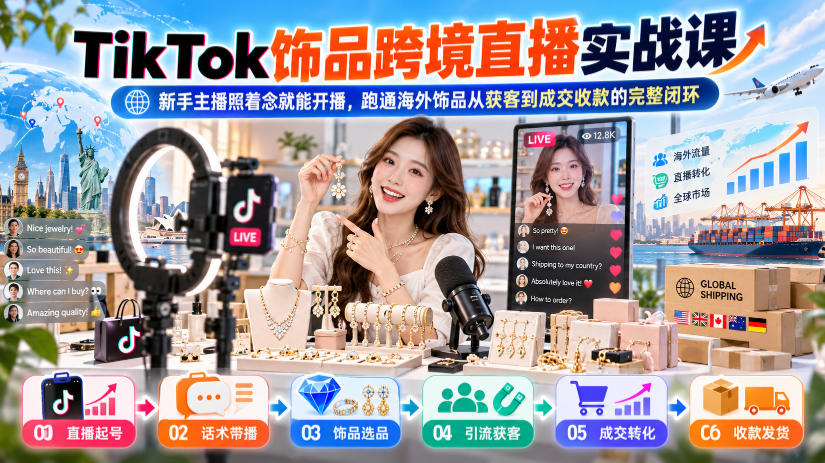 TikTok饰品跨境直播实战课，新手主播照着念就能开播，跑通海外饰品从获客到成交收款的完整闭环-知创网