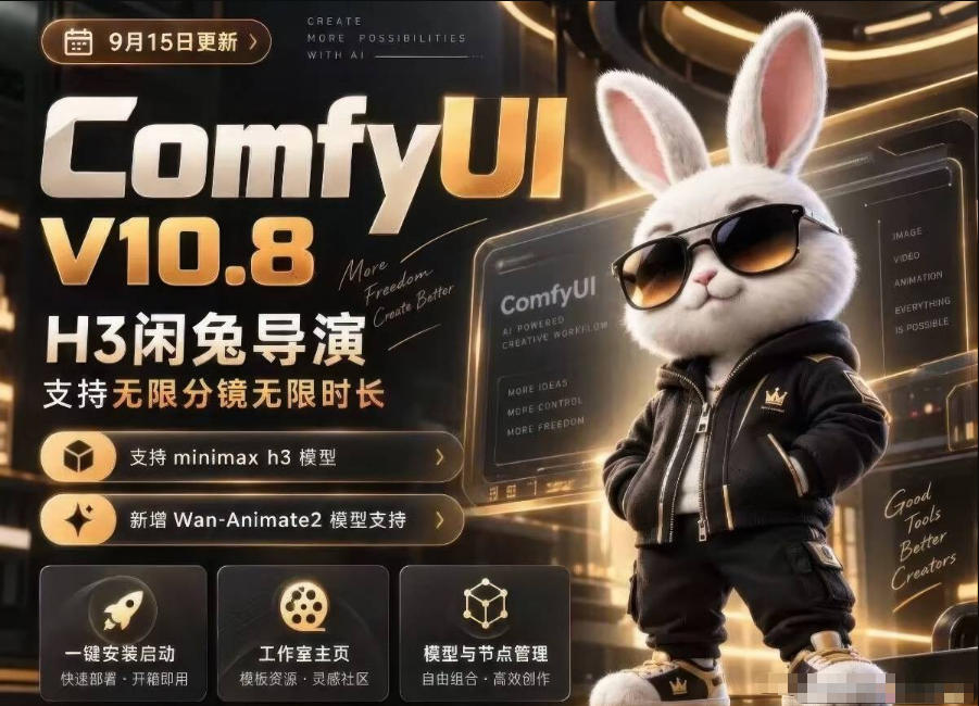 ComfyUI V10.8中文整合包，H3闲兔导演，支持无限分镜无限时长，1000+工作流，动作迁移，角色替换，视频一致性，口型同步，低显存可用-知创网
