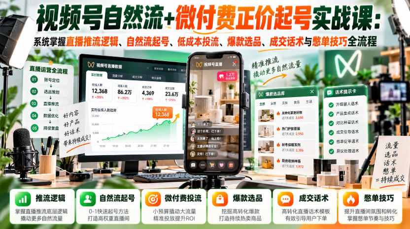 视频号自然流+微付费正价起号实战课：系统掌握直播推流逻辑、自然流起号、低成本投流、爆款选品、成交话术与憋单技巧全流程-知创网