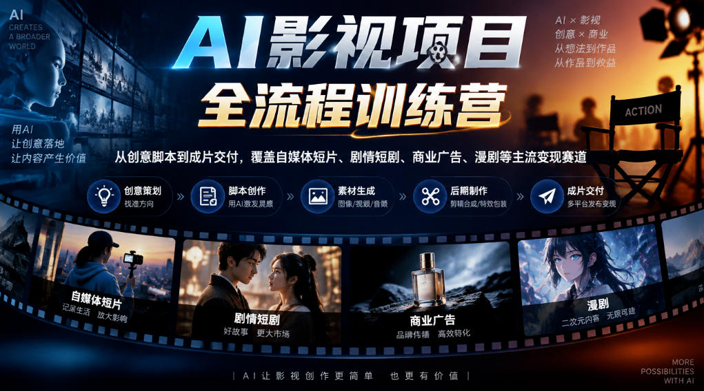 AI影视项目全流程训练营，从创意脚本到成片交付，覆盖自媒体短片、剧情短剧、商业广告、漫剧等主流变现赛道-知创网