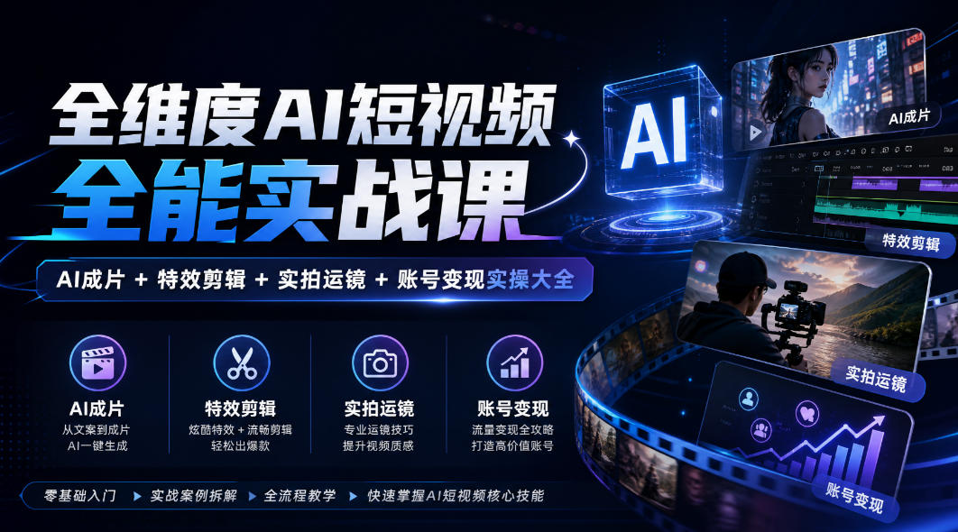 全维度AI短视频全能实战课，AI成片+特效剪辑+实拍运镜+账号变现实操大全-知创网