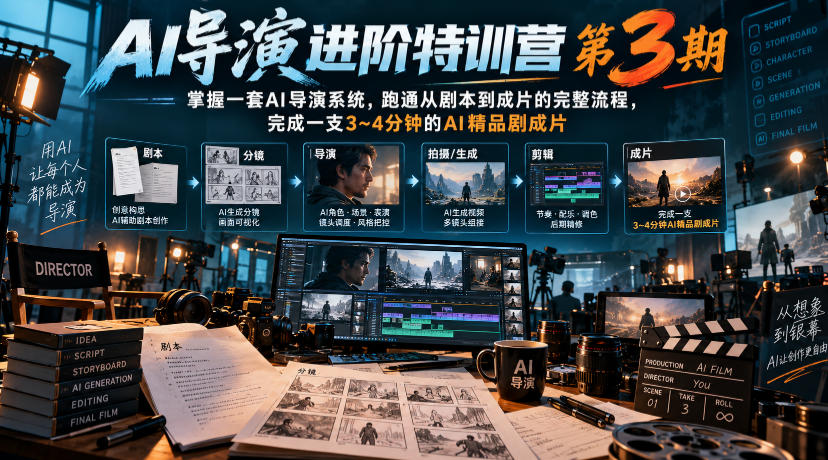 AI导演进阶特训营第3期，掌握一套AI导演系统，跑通从剧本到成片的完整流程，完成一支3~4分钟的AI精品剧成片（附1、2期）-知创网